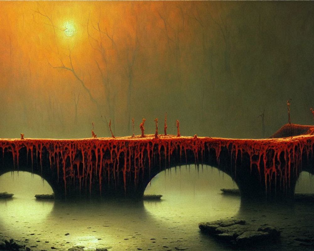 Eerie bridge under orange moon, red substance, silhouetted trees