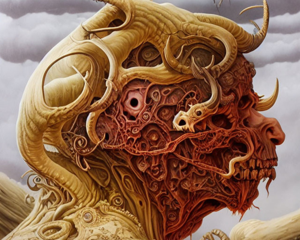 Intricate surreal creature with twisted horns and tentacles