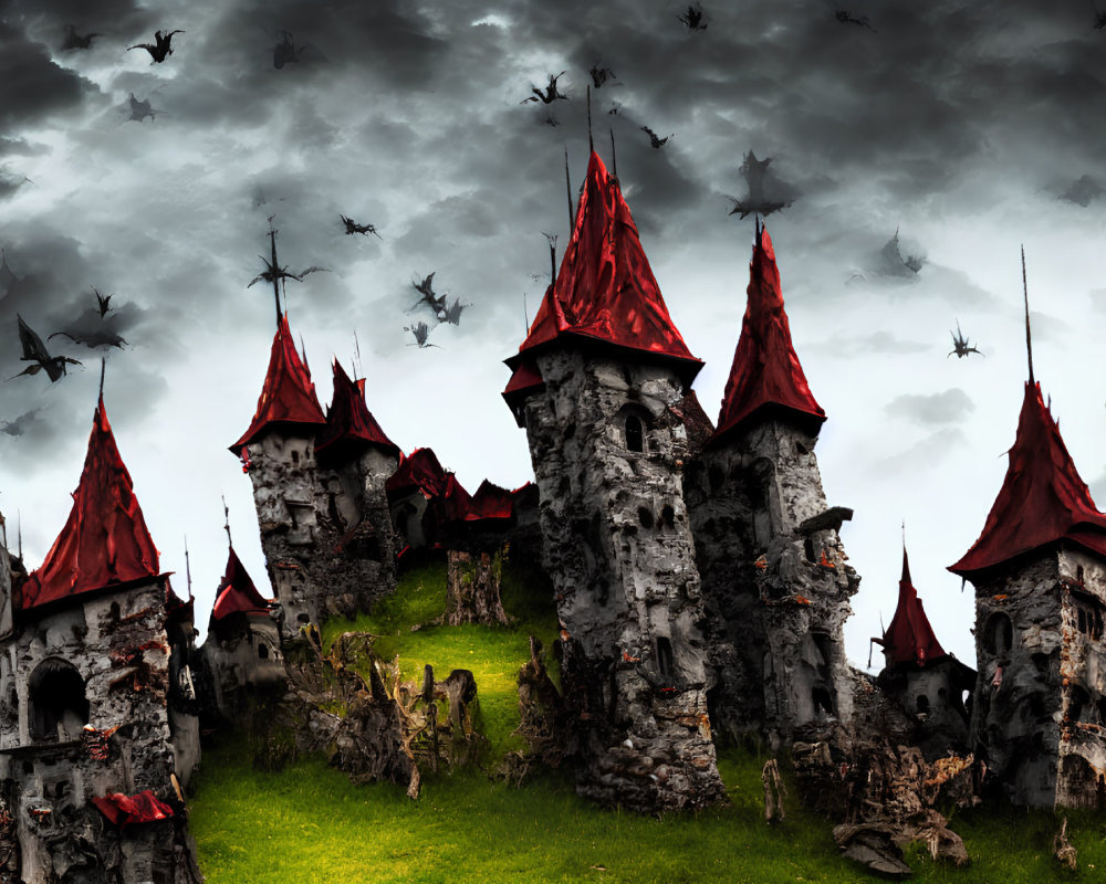 Dark Fantasy Landscape with Eerie Castles on Rugged Rocks