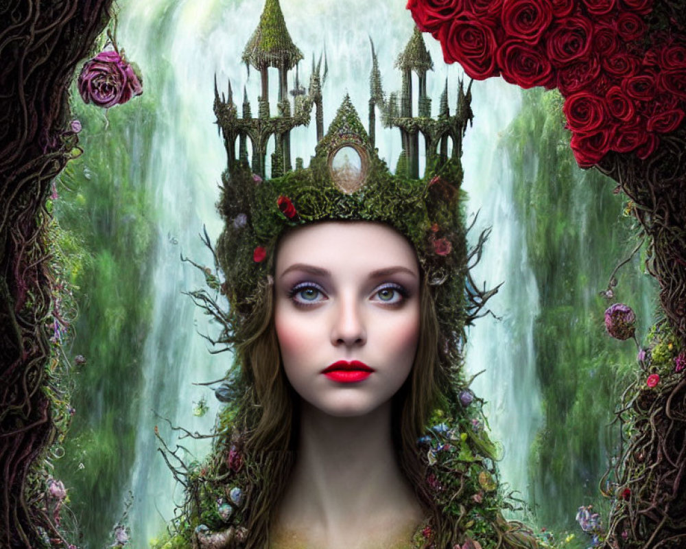 Woman in castle crown with mossy attire in forest archway with red roses and waterfall.