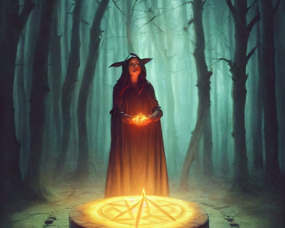 Mystical forest scene with cloaked figure casting spell in pentagram