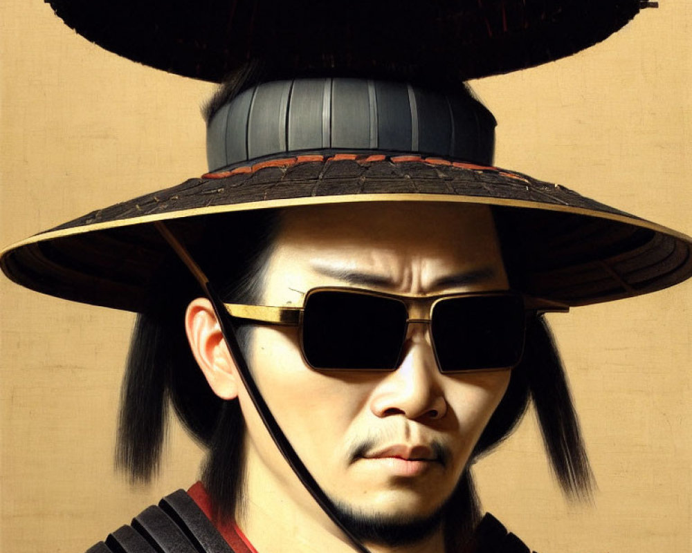 Traditional East Asian attire with wide-brimmed hat and sunglasses portrait.