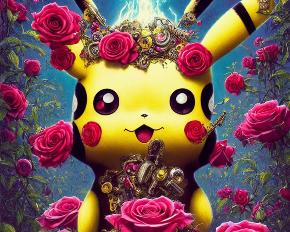 Ornate Pikachu with roses and jewelry on blue floral backdrop