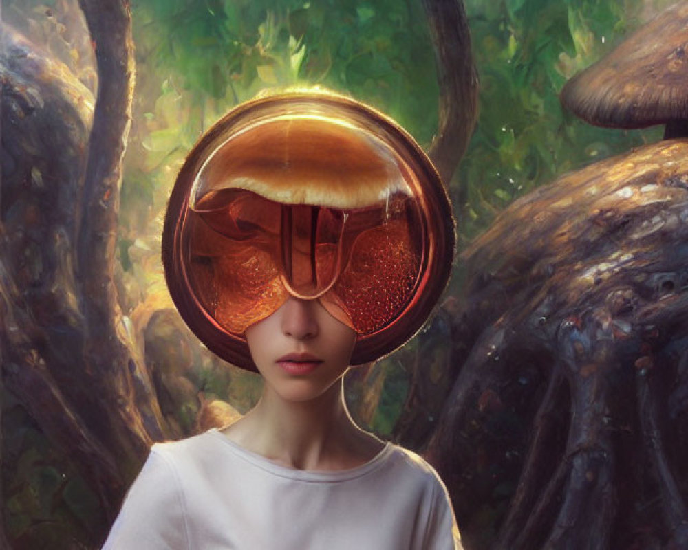 Woman in mushroom-shaped helmet surrounded by fantastical forest with smaller mushroom.