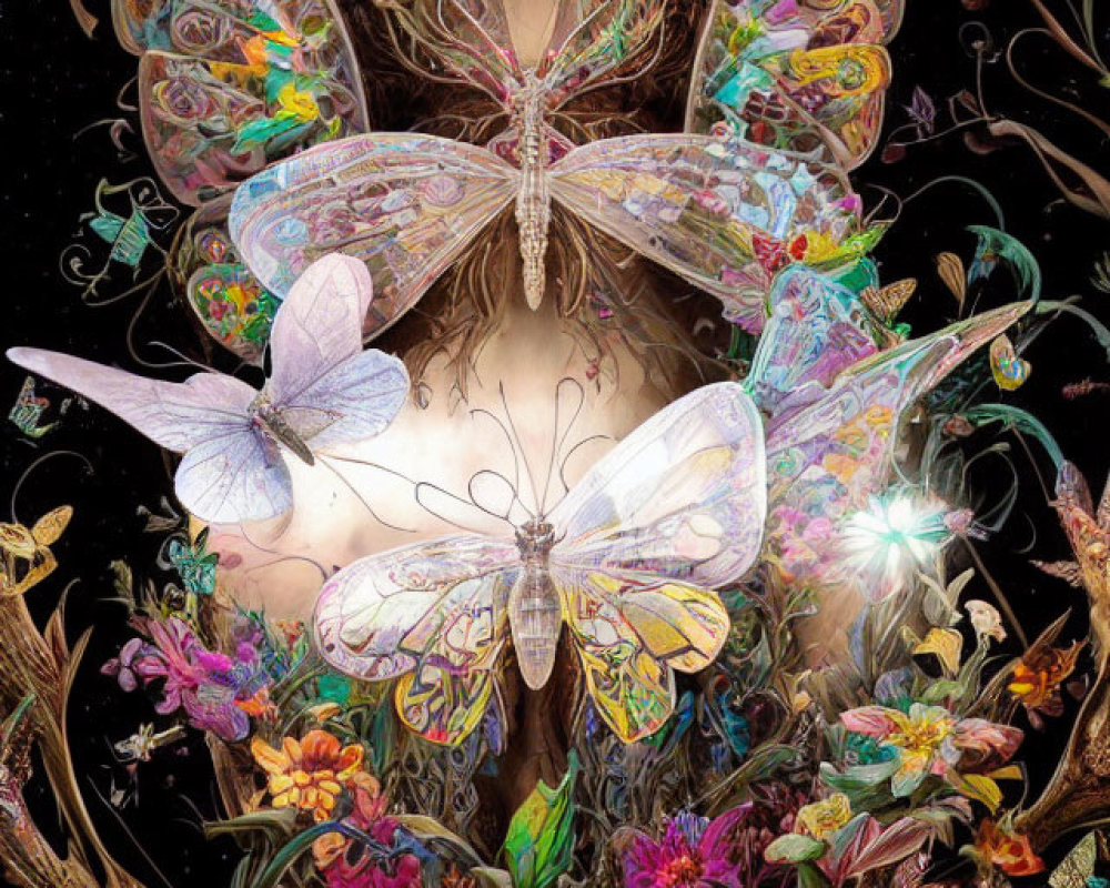 Colorful digital artwork: Translucent butterflies, intricate patterns, vivid flowers.