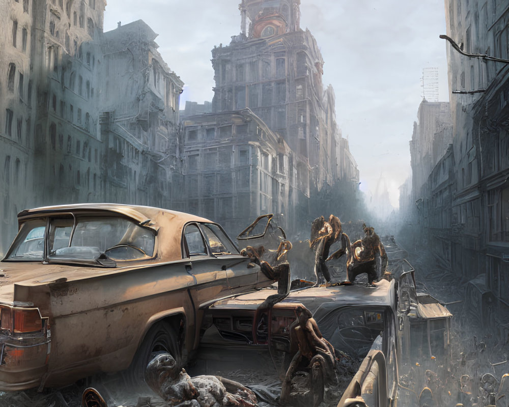 Desolate post-apocalyptic cityscape with ruins and creatures