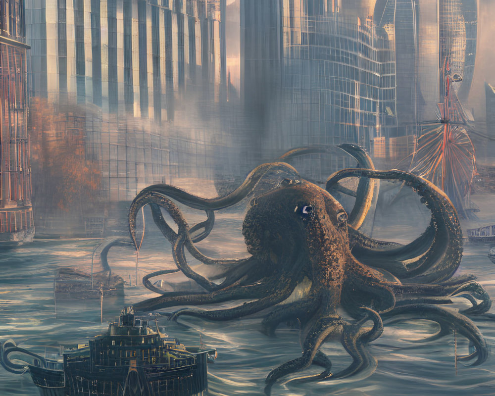 Giant octopus in front of futuristic cityscape and tall buildings under orange sky