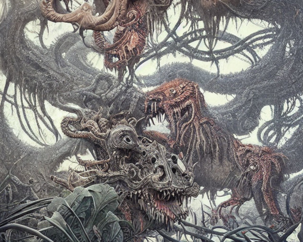 Detailed surreal illustration of fantastical creatures in dense foliage