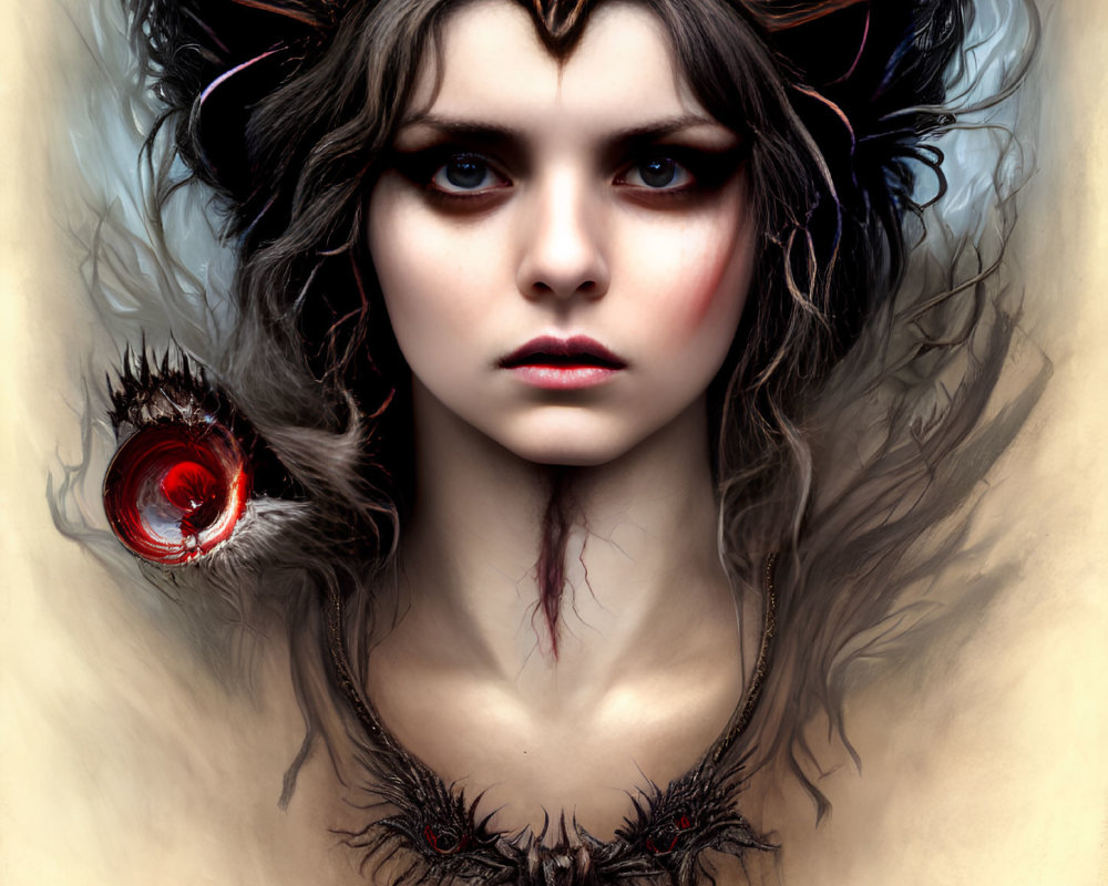 Dark-haired woman with horned headdress holding red orb - fantasy illustration