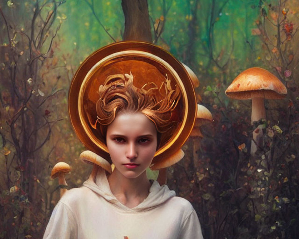 Woman with Mushroom Cap Headpiece in Mystical Forest surrounded by Giant Mushrooms