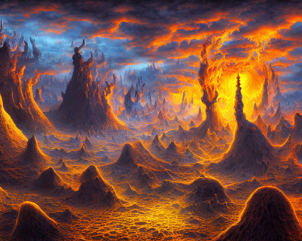 Dramatic volcanic landscape with molten lava and red-orange sky