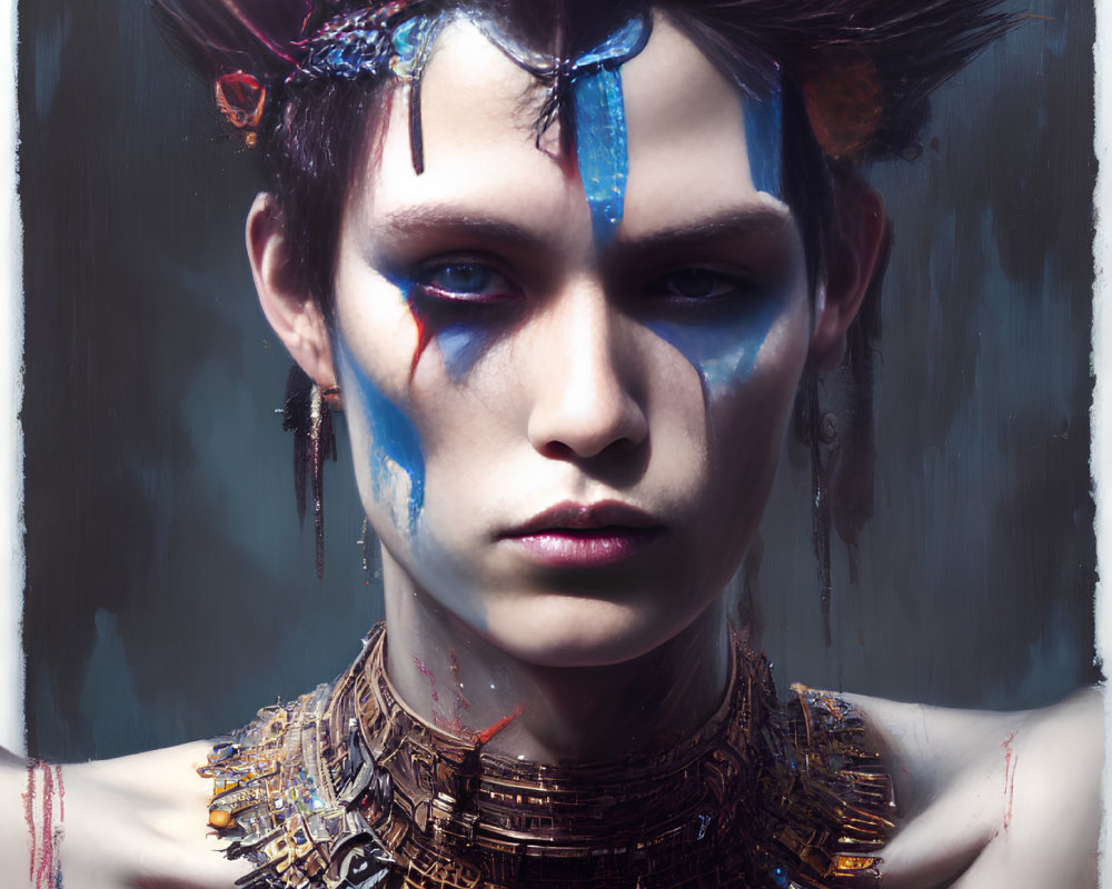 Avant-garde makeup with blue streaks and ornate neckpiece portrait.