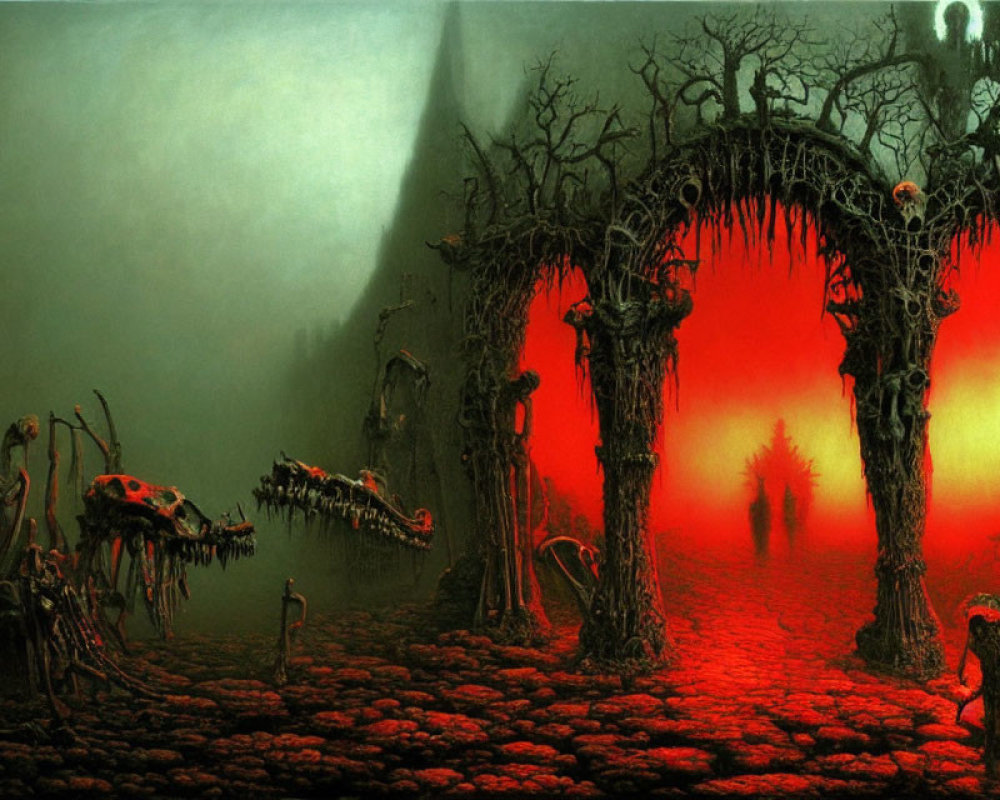 Eerie landscape with skeletal creatures and red sky