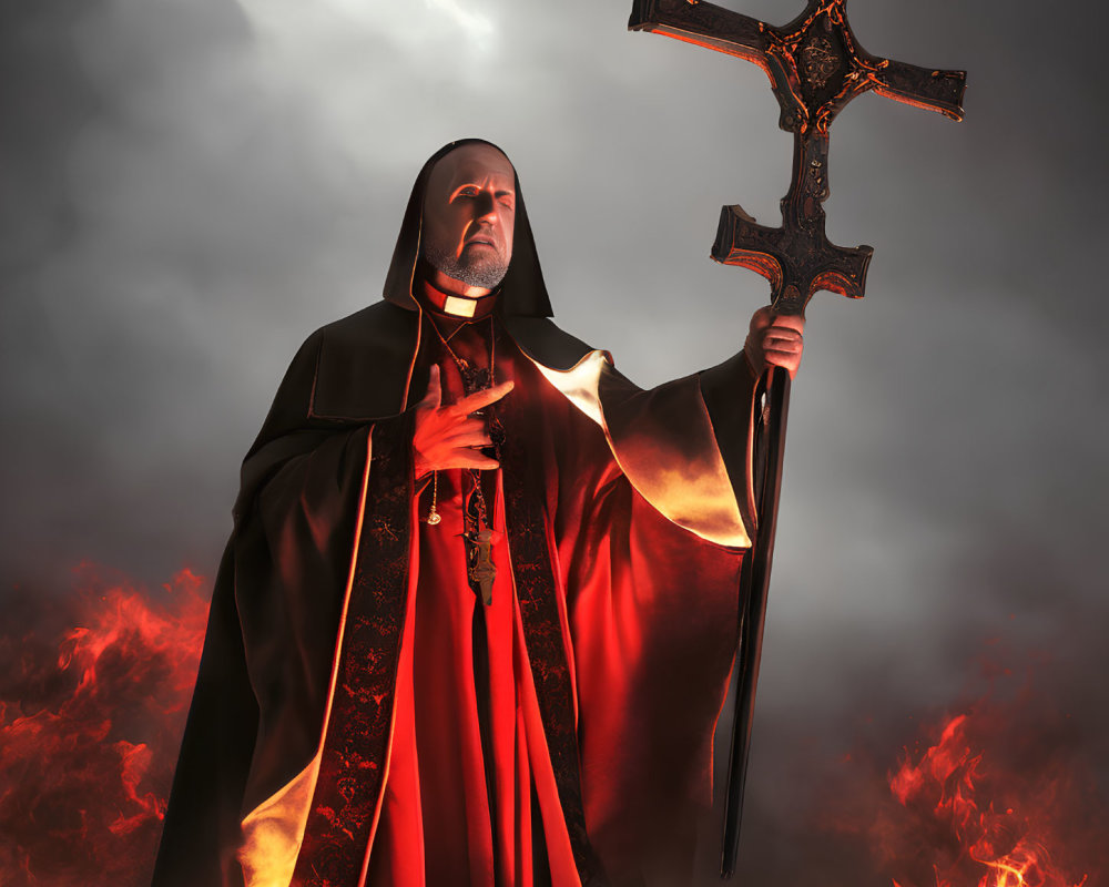 Figure in Red and Black Robe Holding Crucifix in Smoky Flames