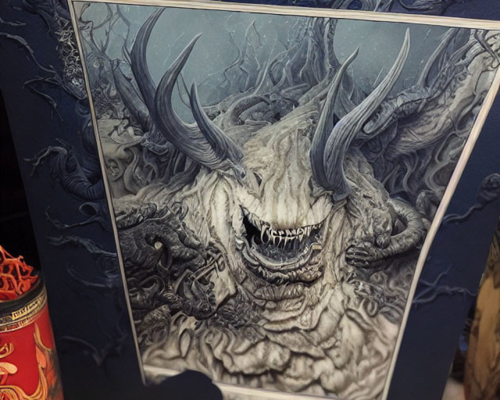 Fantastical illustration of menacing creature with horns and sharp teeth