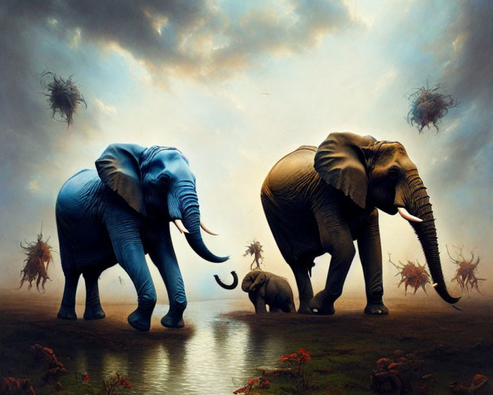 Surreal landscape with elephants crossing shallow waters