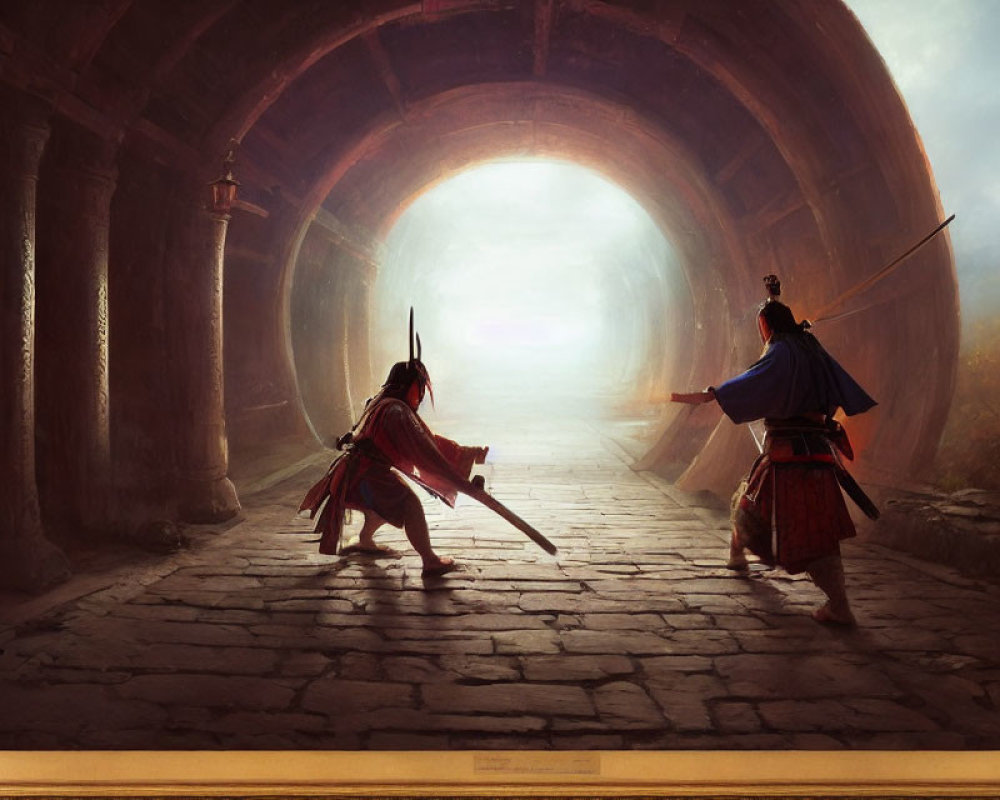 Traditional warriors duel under ancient stone archway in sunlight