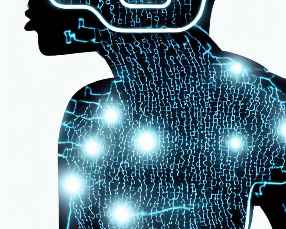 Human head silhouette with digital circuit pattern and glowing nodes.