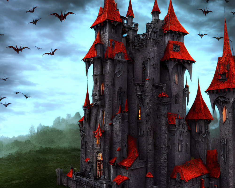 Stone castle with red roofs, spires, battlements, and flying bats under dusky sky