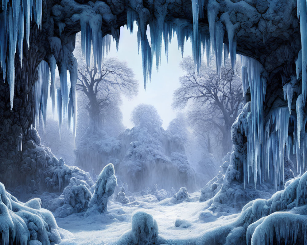 Snow-covered winter landscape with icicles and misty ambiance