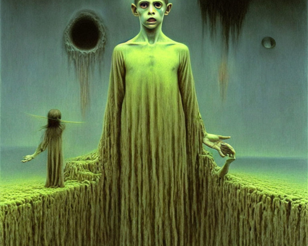 Surreal green humanoid figure on grassy platform with orbs in background