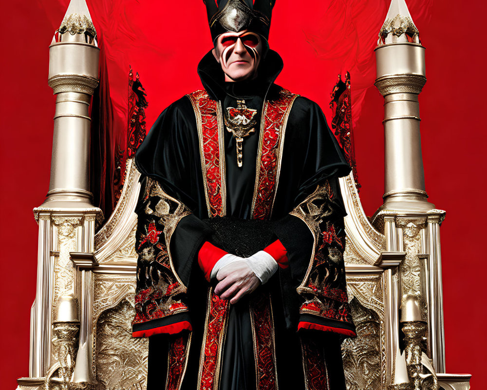 Regal figure in black and red robes with gold detailing and crown on golden throne