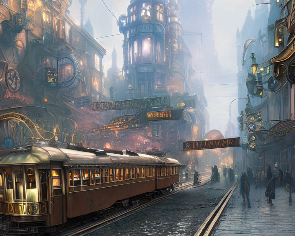 Ornate steampunk cityscape with trams, pedestrians, and hazy sky