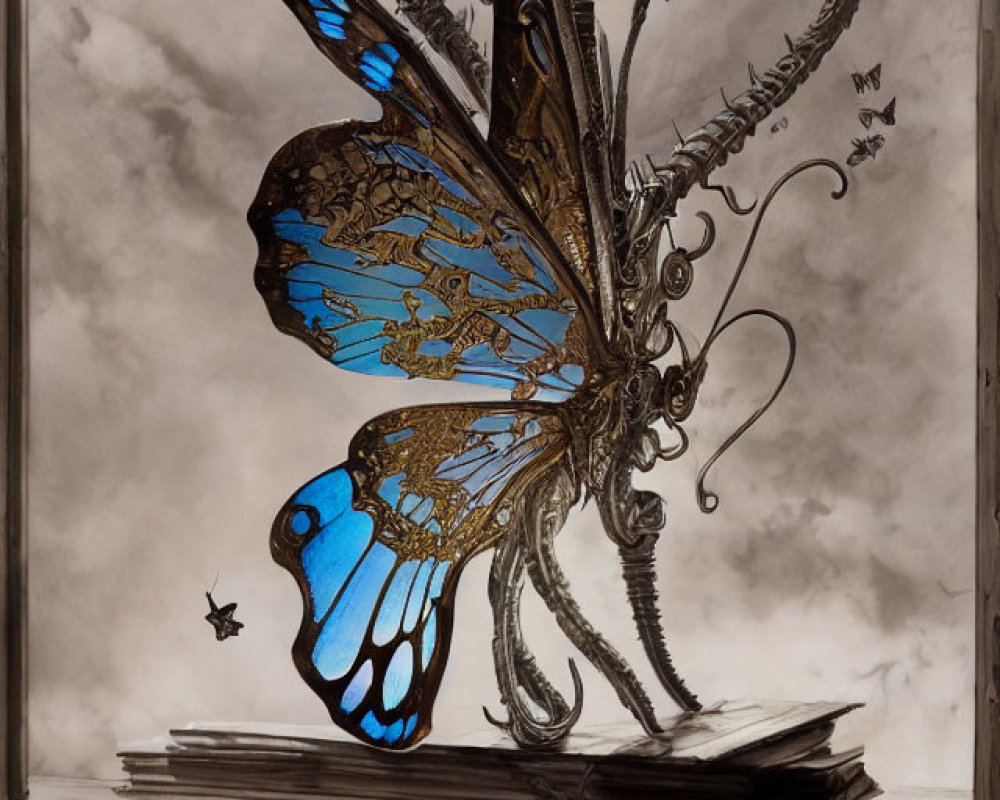 Mechanical butterfly with blue wings on open book by window