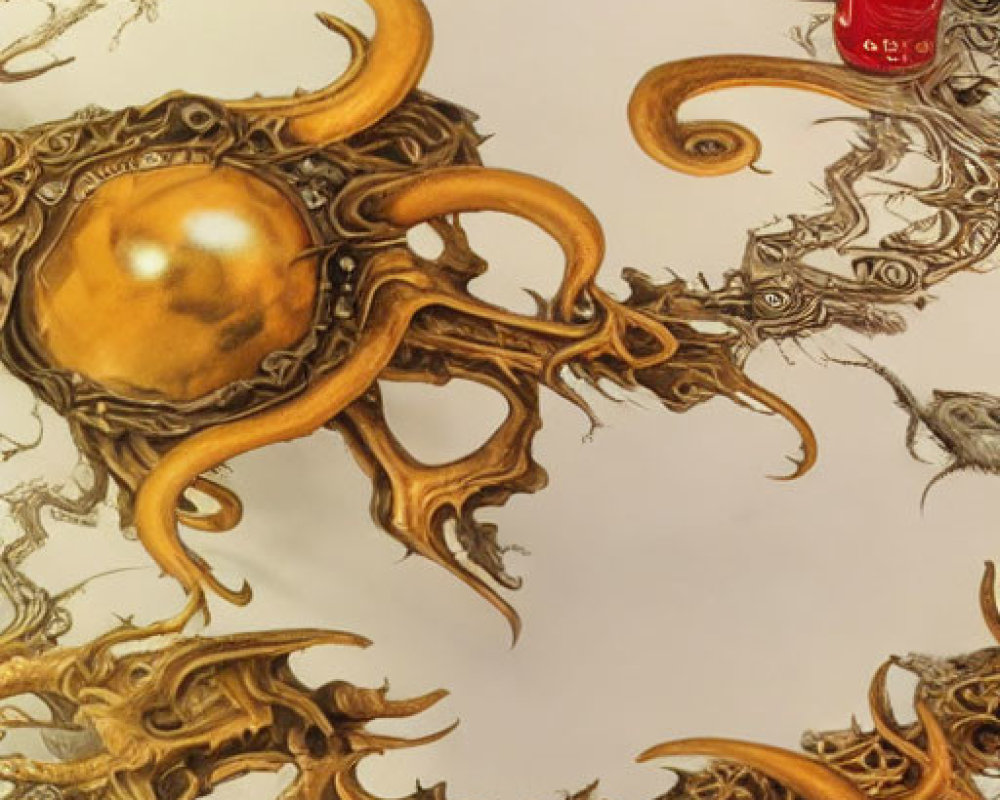 Detailed artwork: golden tentacles, sphere, book, and red glass on white surface