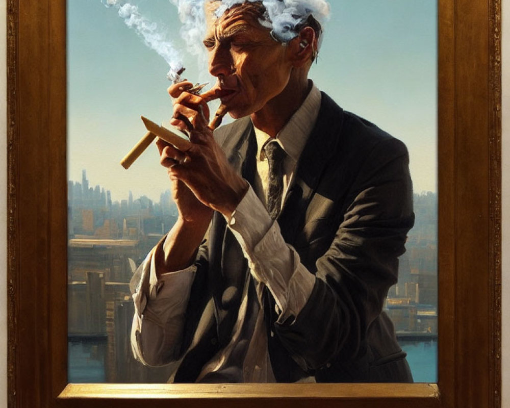 Man in elegant suit smoking pipe with cityscape backdrop in painting-like frame