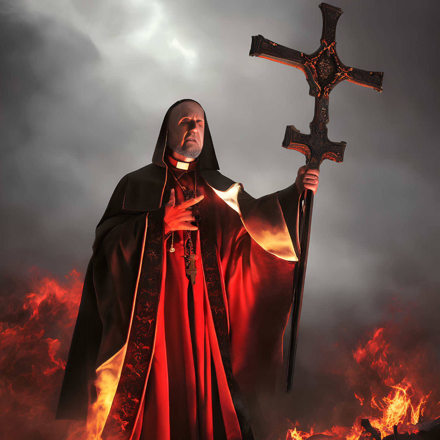 Figure in Red and Black Robe Holding Crucifix in Smoky Flames