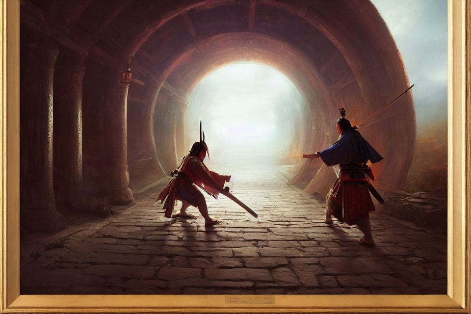 Traditional warriors duel under ancient stone archway in sunlight