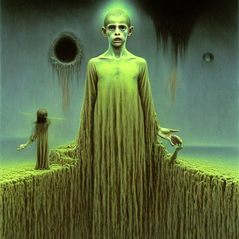 Surreal green humanoid figure on grassy platform with orbs in background