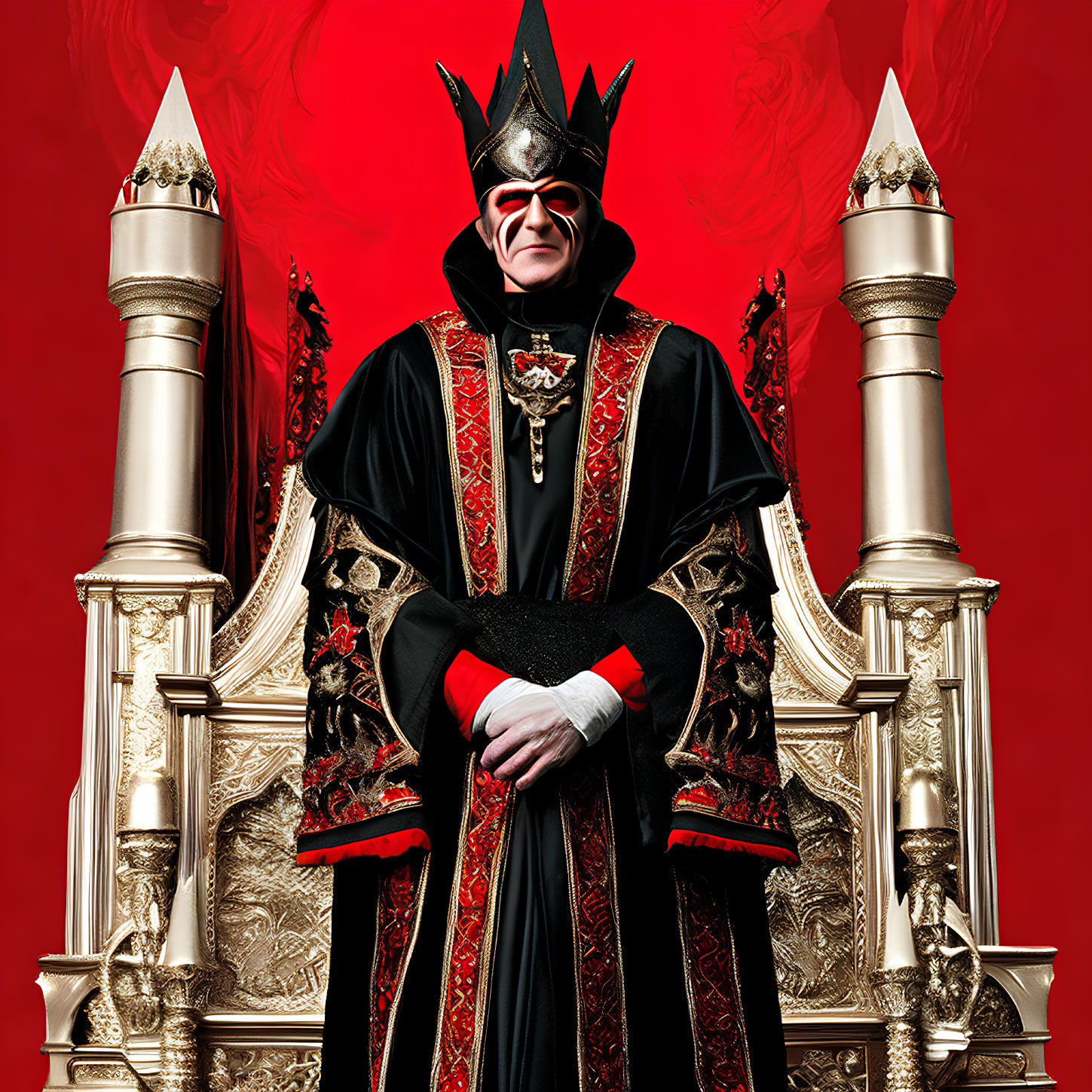 Regal figure in black and red robes with gold detailing and crown on golden throne