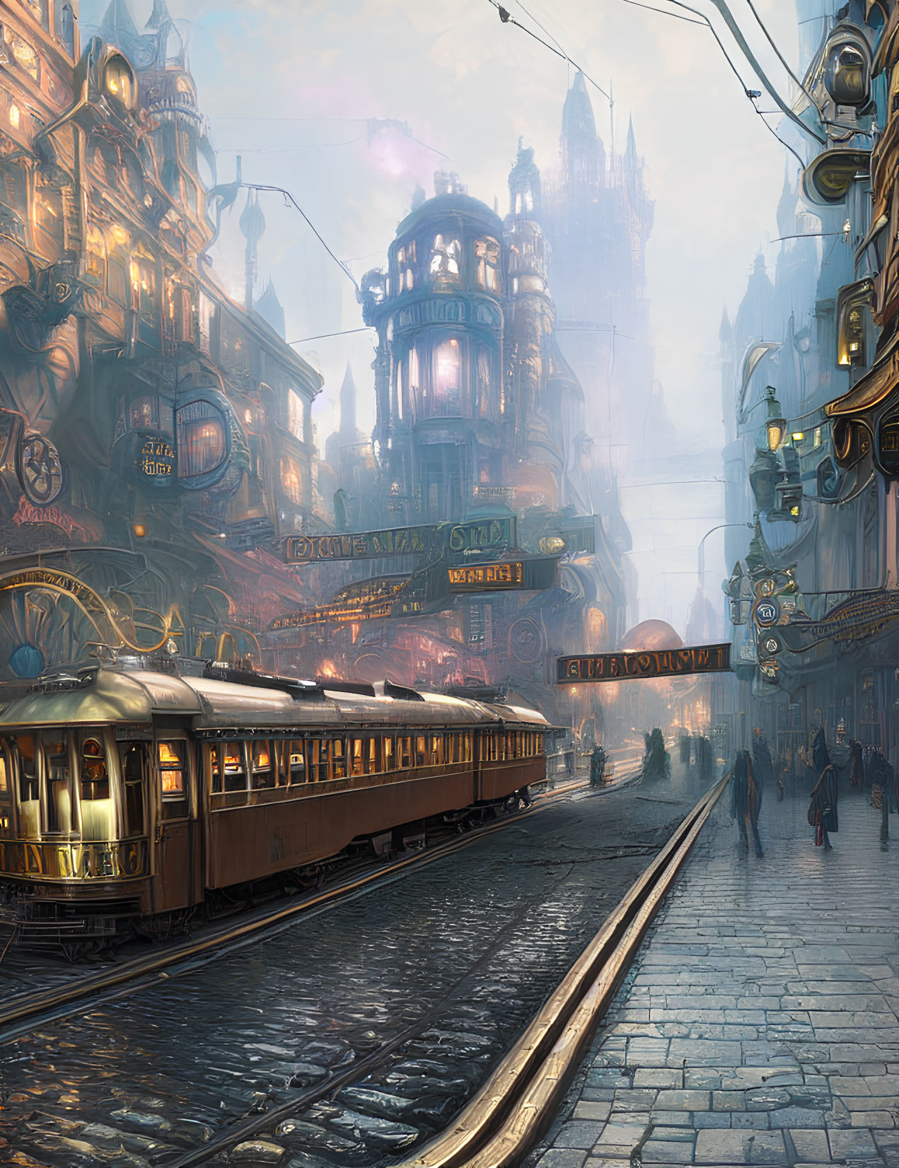 Ornate steampunk cityscape with trams, pedestrians, and hazy sky