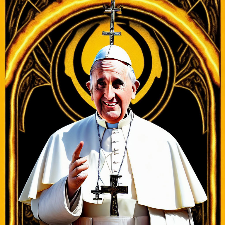 Religious man in cross attire against golden halo background