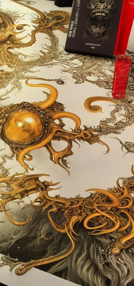 Detailed artwork: golden tentacles, sphere, book, and red glass on white surface