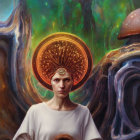 Woman in mushroom-shaped helmet surrounded by fantastical forest with smaller mushroom.