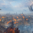 Majestic dragons flying over medieval city at sunrise