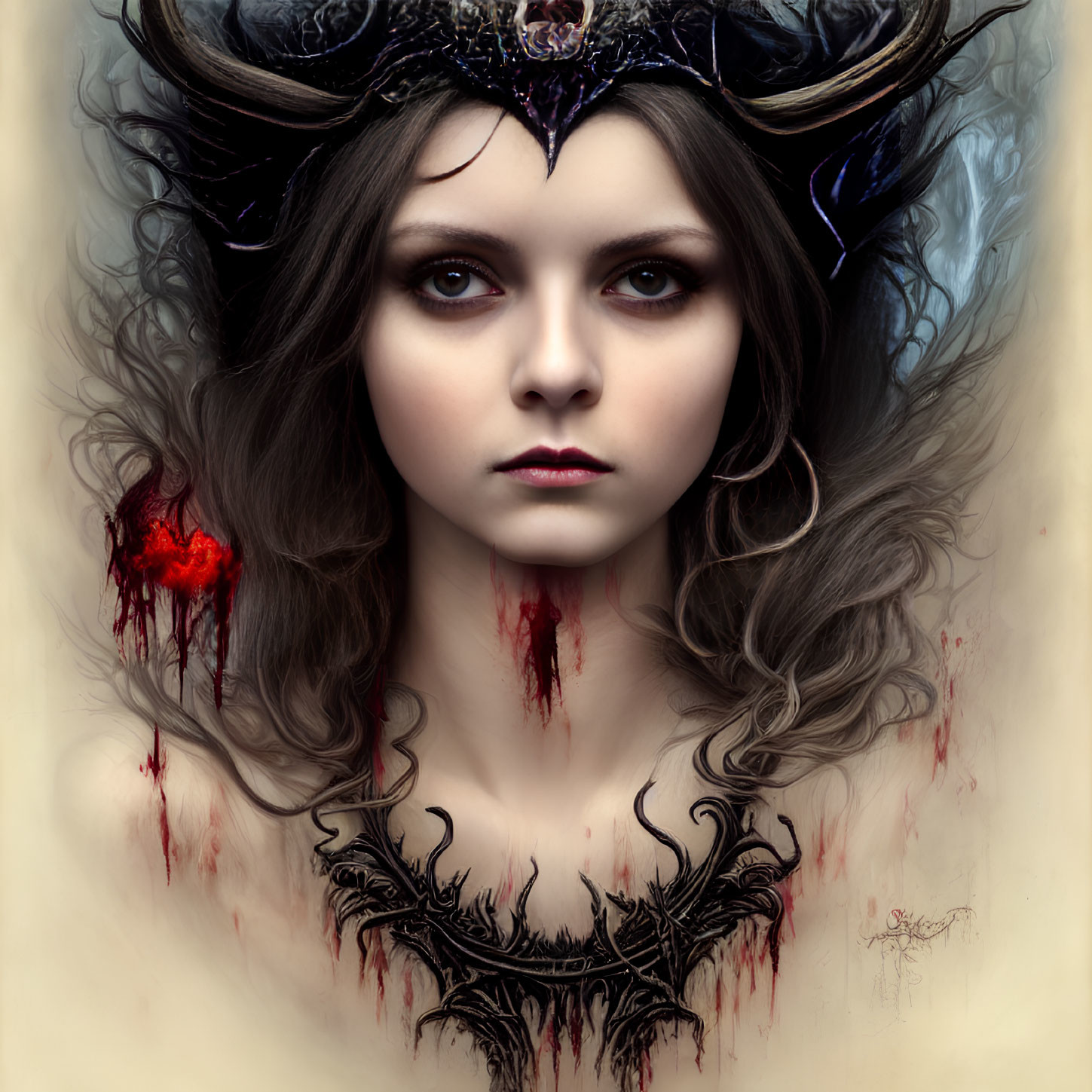 Portrait of Woman with Dark Hair, Piercing Eyes, Antlers, and Ornate Crown