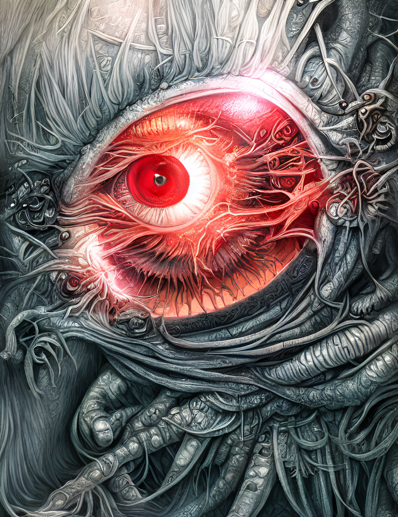 Vivid red eye in surreal cybernetic digital art