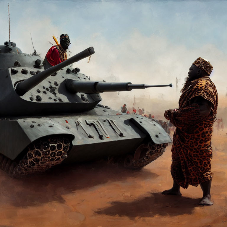 African man in traditional attire faces damaged tank in tense standoff