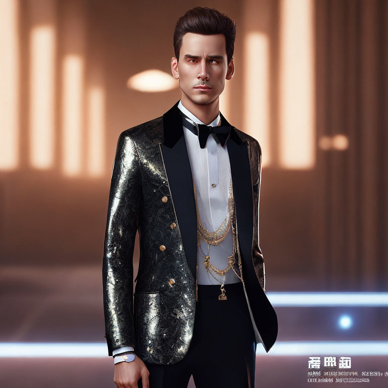 Elegant man in black tuxedo with glittering jacket and bow tie