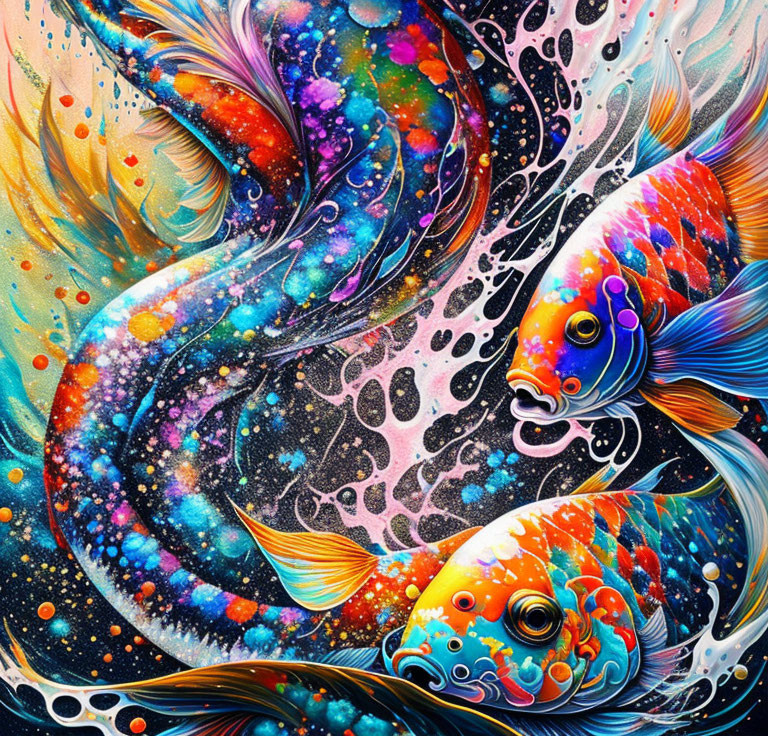 Colorful Stylized Koi Fish Painting with Cosmic Pattern