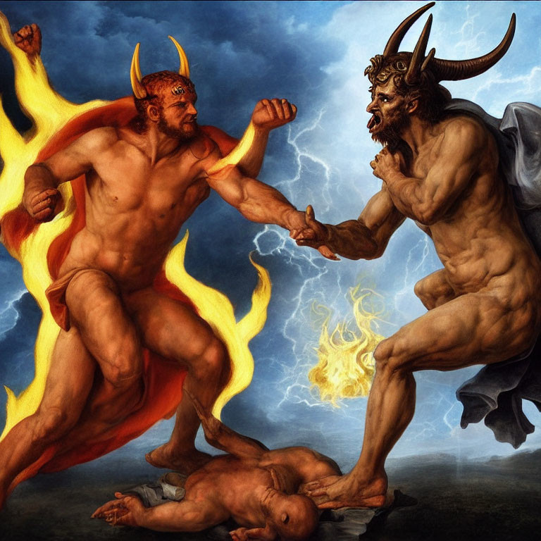 Mythological beings in combat with fire and defeated figure