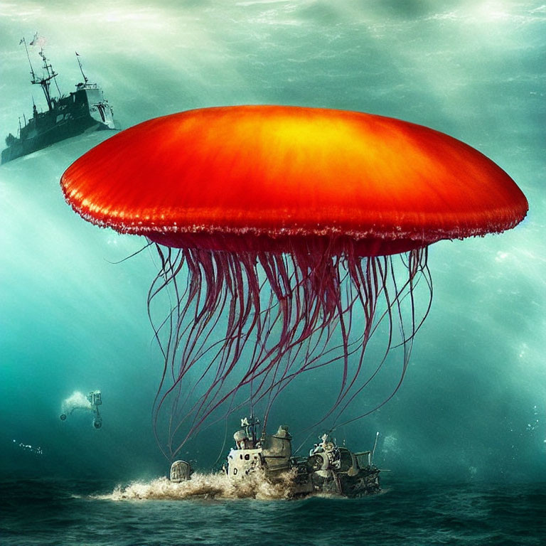 Glowing red jellyfish in underwater scene with vehicles and divers