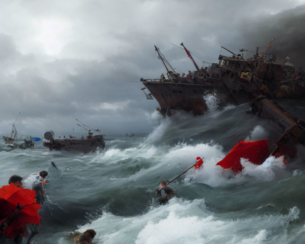 Maritime painting of ships and people in stormy seas