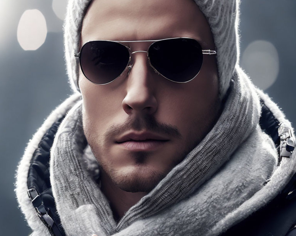 Man in Winter Attire with Beanie, Sunglasses, and Scarf in Bokeh Background