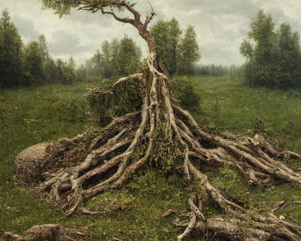 Solitary gnarled tree with exposed roots in grassy field under overcast sky