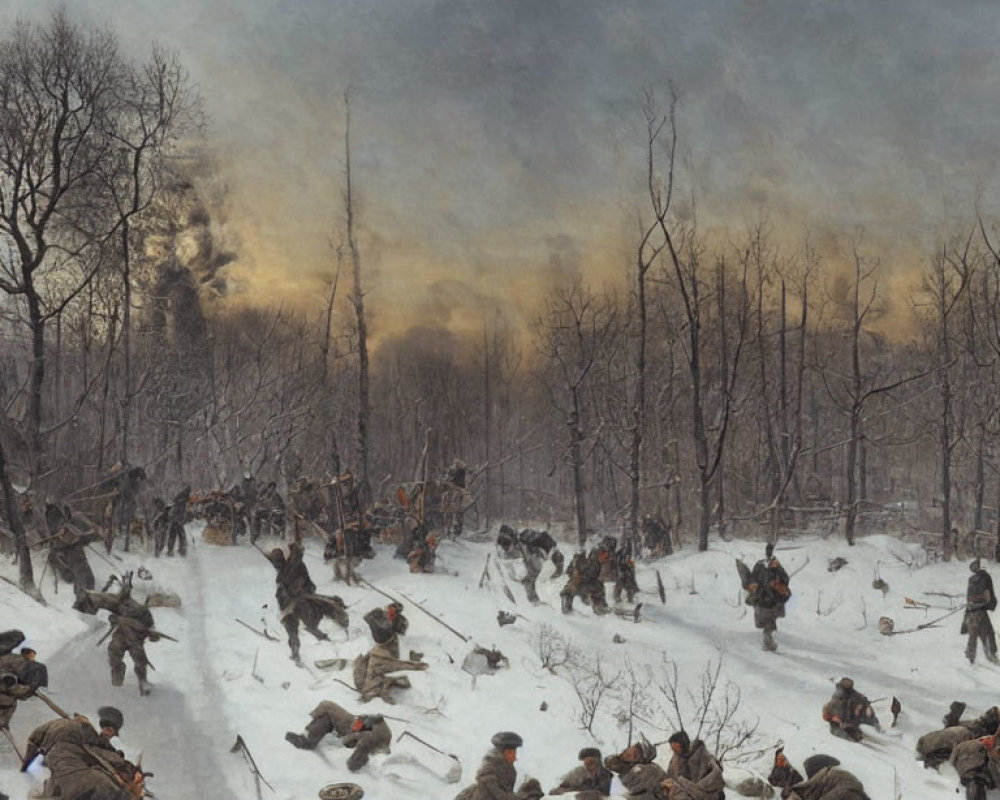 Historical wintry battle scene with soldiers in snow and bare trees